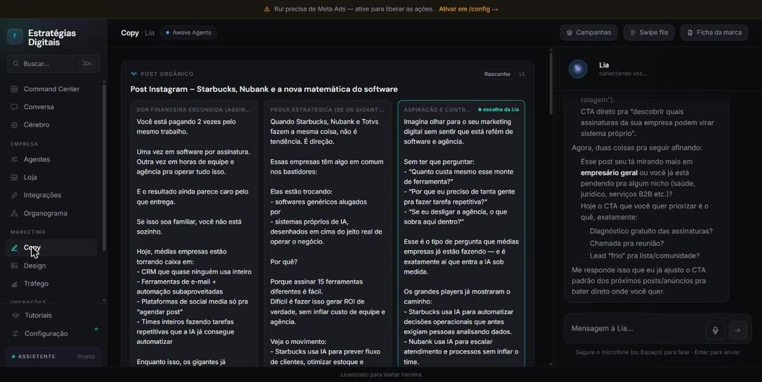 Tela real do Awave: Lia, a copywriter, escrevendo três ângulos diferentes para o mesmo post, com painel de chat sugerindo qual CTA priorizar.