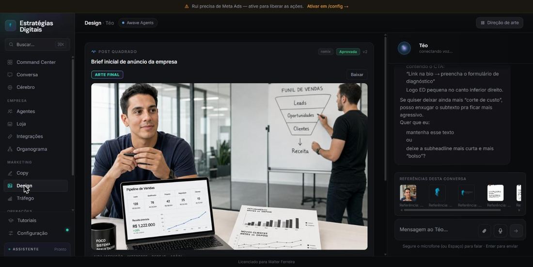 Tela real do Awave: Téo, o designer, com a arte final de um anúncio já gerada e marcada como Aprovada.